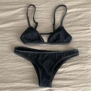 LIKE NEW Denim Solid and Striped Matching Bikini Set